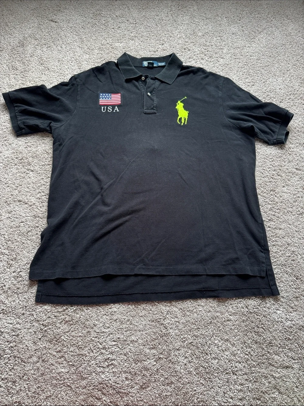 Ralph Lauren Black Polo with Neon Yellow Pony and USA Patch